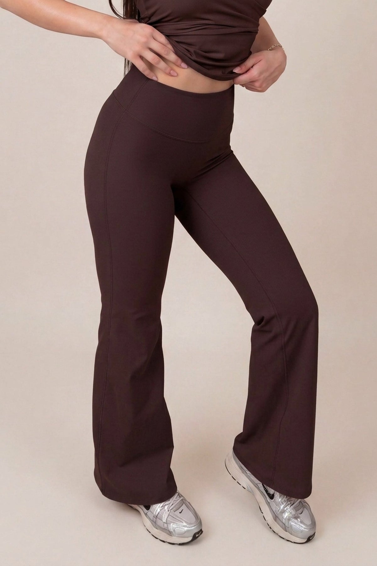 Routine Flared Pants in Dark Mocha - front waist and flare detail