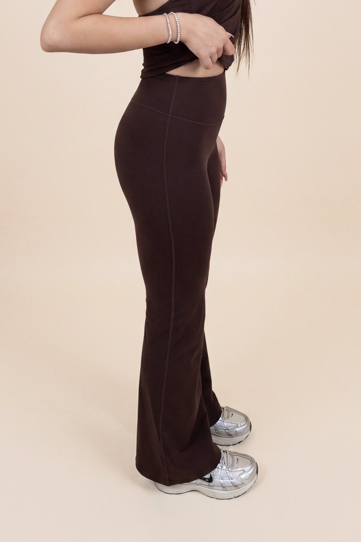 Routine Flared Pants in Dark Mocha - side profile, flare detail